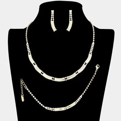 Fashnzfab 3pcs - Rhinestone Necklace Jewelry Set In Gold