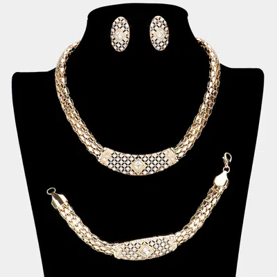 FASHNZFAB 3PCS RHINESTONE PAVED METAL CHAIN NECKLACE JEWELRY SET