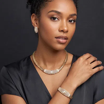 Fashnzfab 3pcs Rhinestone Paved Metal Chain Necklace Jewelry Set In Gold