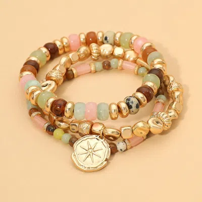 Fashnzfab 3pcs - Round Charm Beaded Stretch Multi Layered Bracelets In Silver