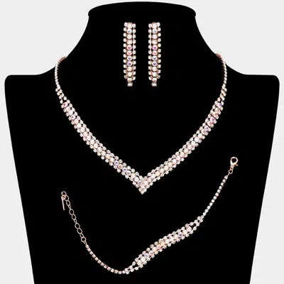 Fashnzfab 3pcs - Round Stone Detail Rhinestone Necklace Jewelry Set In Silver