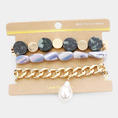 Fashnzfab 3pcs - Semi Precious Stone Multi Bead Pearl Charm Layered Bracelets Black, Cream, Gold
