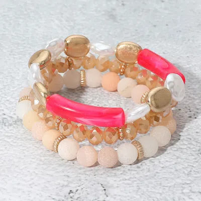 Fashnzfab 3pcs - Semi Precious Stone Pearl Resin Beaded Stretch Bracelets Multi, Pink In Red