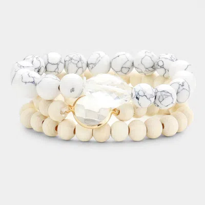 Fashnzfab 3pcs - Semi Precious Wood Beaded Layered Bracelets Neutral In Silver