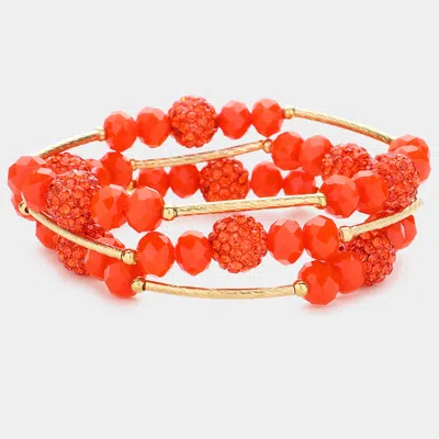 Fashnzfab 3pcs - Shamballa Ball Faceted Beaded Stretch Bracelets Orange In Red