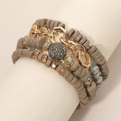 Fashnzfab 3pcs - Shamballa Ball Metal Ring Link Wooden Faceted Beaded Stretch Multi Layered Bracelets