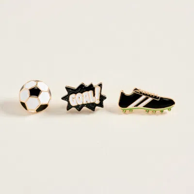 Fashnzfab 3pcs - Soccer Ball Goal Shoe Pin Brooch Set In Black