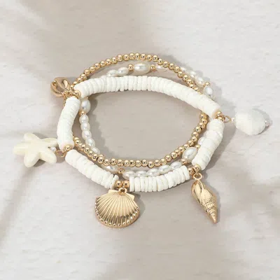 Fashnzfab 3pcs - Starfish Sea Shell Charm Heishi Pearl Beaded Stretch Multi Layered Bracelets In White