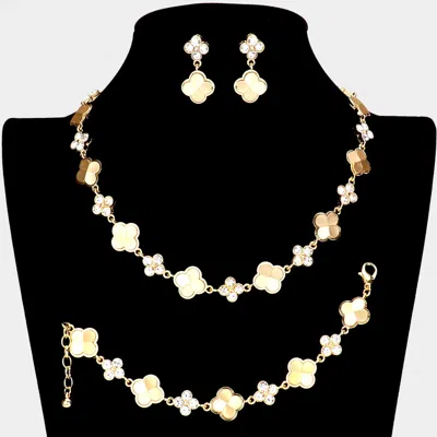 Fashnzfab 3pcs - Stone Embellished Quatrefoil Link Necklace Jewelry Set In Gold