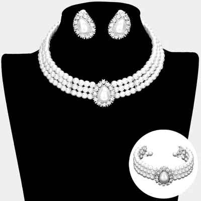 Fashnzfab 3pcs Teardrop 3-row Pearl Choker Necklace Jewelry Set In White