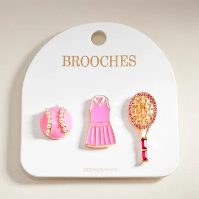 Fashnzfab 3pcs - Tennis Ball Outfit Rocket Pin Brooch Set In Pink