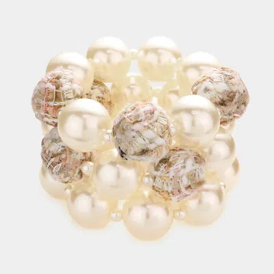 Fashnzfab 3pcs - Tweed Fabric Ball Pearl Stretch Bracelets Ivory In Silver