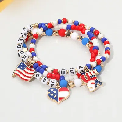 Fashnzfab 3pcs - Usa Freedom Love Message Flag Heart Charm Beaded Stretch Multi Layered Bracelets