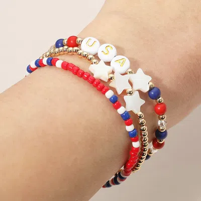 Fashnzfab 3pcs - Usa Star Beaded Stretch Multi Layered Bracelets