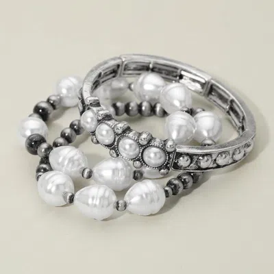Fashnzfab 3pcs - Western Pearl Beaded Stretch Multi Layered Bracelets In Silver