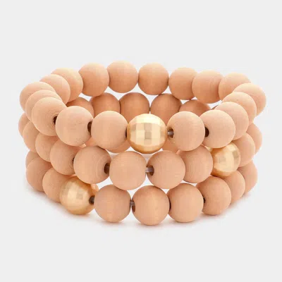 Fashnzfab 3pcs - Wood Ball Metal Beaded Stretch Bracelets In Gold