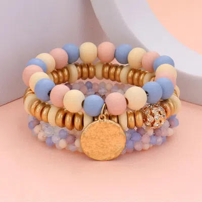 Fashnzfab 3pcs - Wood Faceted Beaded Hammered Metal Disc Charm Stretch Multi Layered Bracelets Light Blue, Mul