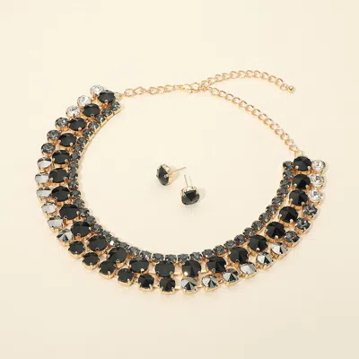 Fashnzfab 3-row Round Stone Cluster Evening Statement Necklace In Black