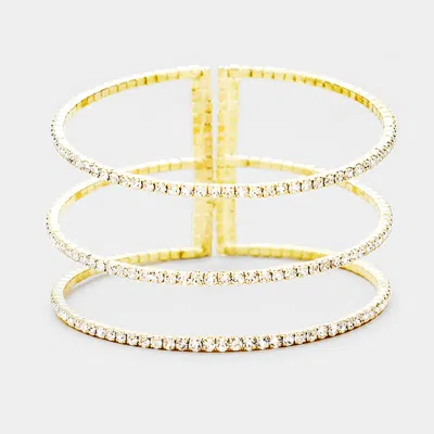 Fashnzfab 3row Split Layer Round Crystal Detail Cuff Evening Bracelet Clear, Gold