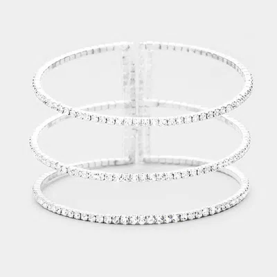 Fashnzfab 3row Split Layer Round Crystal Detail Cuff Evening Bracelet Clear, Silver