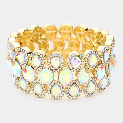 Fashnzfab 3rows Glass Crystal Stretch Evening Bracelet Ab, Gold In Green