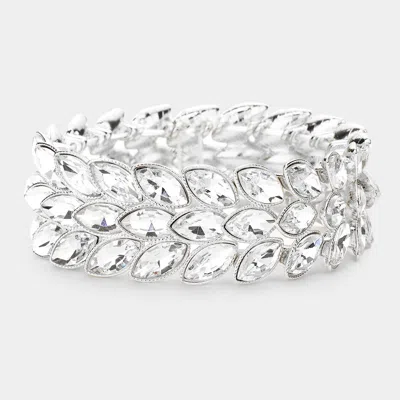 Fashnzfab 3rows Marquise Stone Cluster Stretch Evening Bracelet Silver