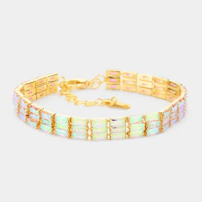 Fashnzfab 3rows Rectangle Stone Cluster Evening Bracelet Ab, Gold In Multi