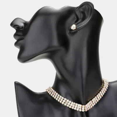 Fashnzfab 3rows Rhinestone Choker Necklace In Black