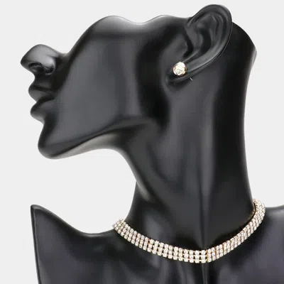 Fashnzfab 3rows Rhinestone Choker Necklace In Metallic