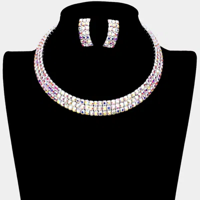 Fashnzfab 3rows Rhinestone Open Choker Necklace In Blue