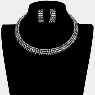 Fashnzfab 3rows Rhinestone Open Choker Necklace In Metallic