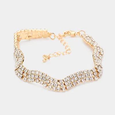 Fashnzfab 3rows Rhinestone Wavy Evening Bracelet Gold