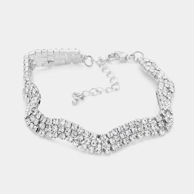 Fashnzfab 3rows Rhinestone Wavy Evening Bracelet In Silver