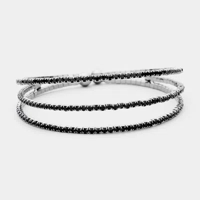 Fashnzfab 3rows Split Layered Rhinestone Cuff Bracelet Jet Black