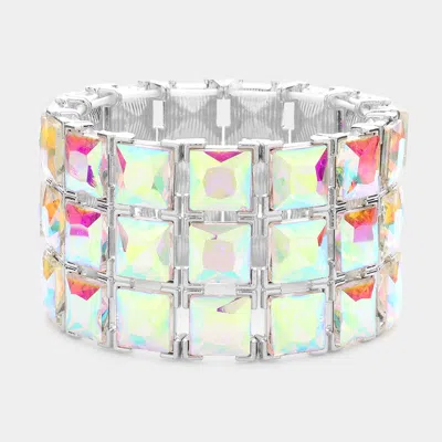 Fashnzfab 3rows Square Stone Stretch Evening Bracelet Ab, Silver In Multi