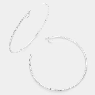 Fashnzfab 4 Inch Rhinestone Hoop Clip On Earrings In Silver