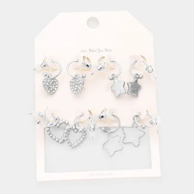 Fashnzfab 4pairs - Rhinestone Embellished Heart Star Dangle Earrings - Worn Silver In Metallic