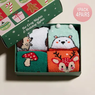 Fashnzfab 4pairs - Reindeer Mushroom White Bear Hedgehog Christmas Bundle Gift Socks Set In Multi