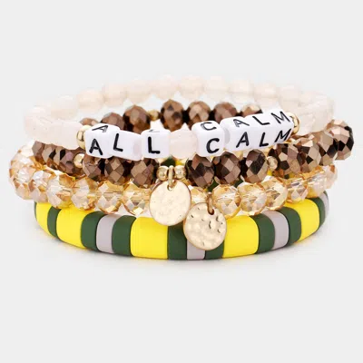 Fashnzfab 4pcs - All Calm Natural Stone Metal Disc Charm Layered Bracelets Brown