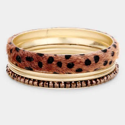 Fashnzfab 4pcs - Animal Leather Rhinestone Metal Bangle Bracelets In Brown