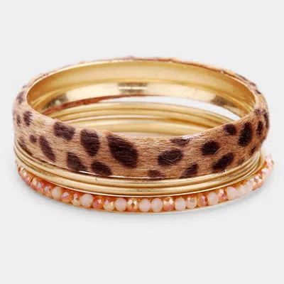 Fashnzfab 4pcs - Animal Leather Rhinestone Metal Bangle Bracelets In Sand