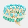Fashnzfab 4pcs - Believe Message Cross Charm Semi Precious Wood Ball Faceted Beaded Stretch Bracelets In Blue