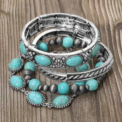 Fashnzfab 4pcs - Boho Oval Round Stone Embellished Stretch Multi Layered Bracelets In Gray