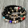 Fashnzfab 4pcs - Carabiner Accent Evil Eye Pearl Ball Beaded Stretch Multi Layered Bracelets In Multi