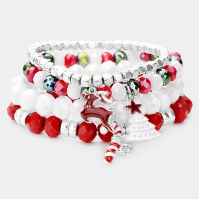 Fashnzfab 4pcs - Christmas Rudolph Charm Bead Stretch Layered Bracelet In Multi