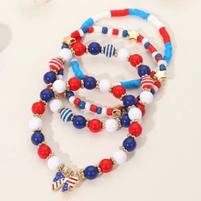 Fashnzfab 4pcs - Enamel American Usa Flag Bow Charm Beaded Stretch Multi Layered Bracelets Gold, Multi