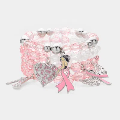 Fashnzfab 4pcs - Enamel Pink Ribbon Afro Woman High Heel Wing Heart Charm Faceted Beaded Stretch Multi Layered