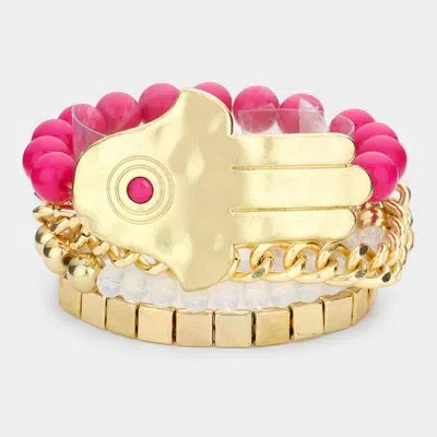 Fashnzfab 4pcs - Evil Eye Stack Stretch Bracelet Fuchsia, Gold