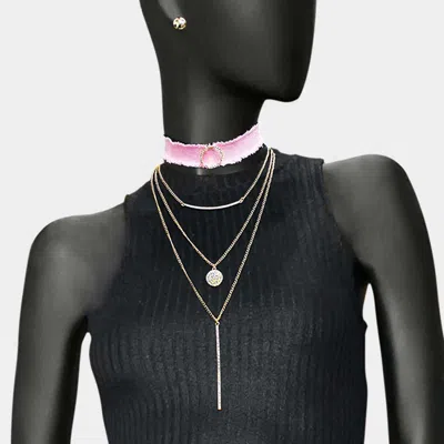 Fashnzfab 4pcs - Fabric Choker Geometric Pendant Necklaces In Pink