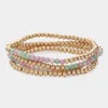 Fashnzfab 4pcs - Faceted Beaded Stretch Multi Layered Bracelets Mint, Pink, Worn Gold In Gold